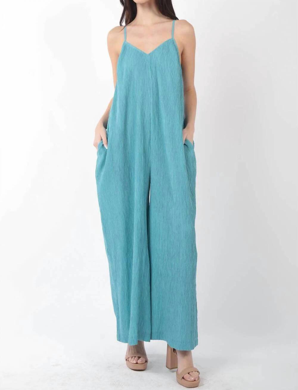 NEW VERY J sleeveless pleated wide leg jumpsuit in sage
